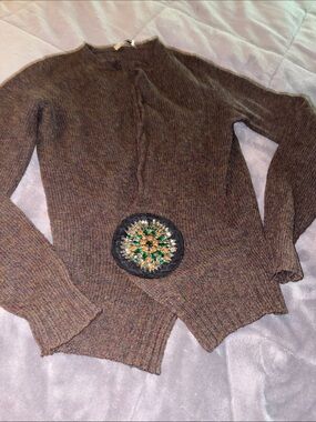 Authentic Prada Brown Crewneck Sweater with Jeweled Medallion
